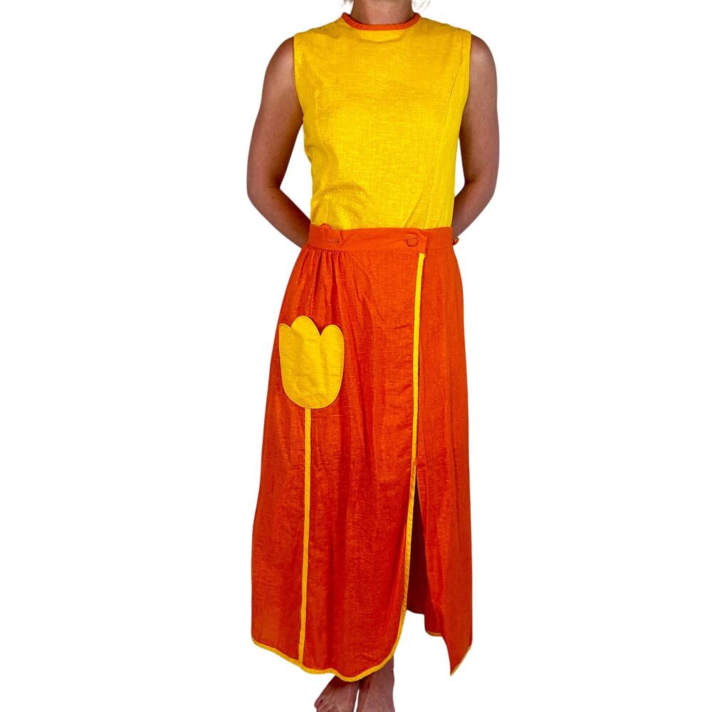 Vintage 1960s Mod Shift Dress Tear Away Skirt Set Yellow Orange Tulip Pockets - Picture 2 of 16